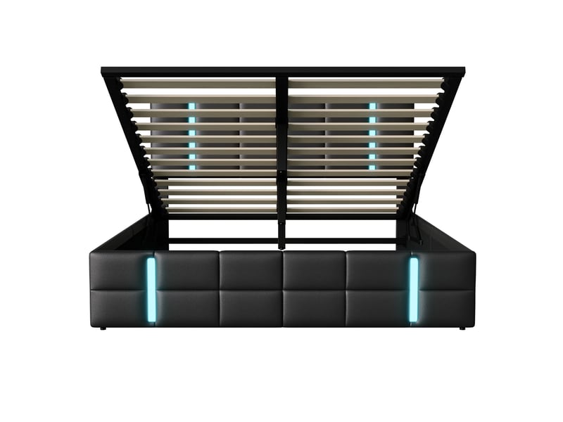 Lit double rembourré en similicuir pu - 160x200cm-noir - avec éclairage led et ports usb - tête de lit capitonnée - Conforama A