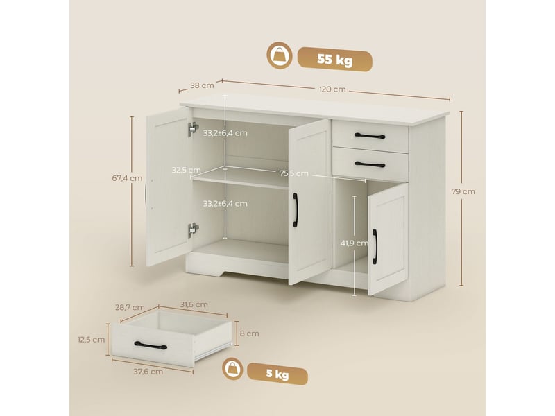  Buffet 3 portes blanc effet bois avec 2 tiroirs, 120x38x79 cm, mélaminé mdf 838-587V00CW - Conforama C