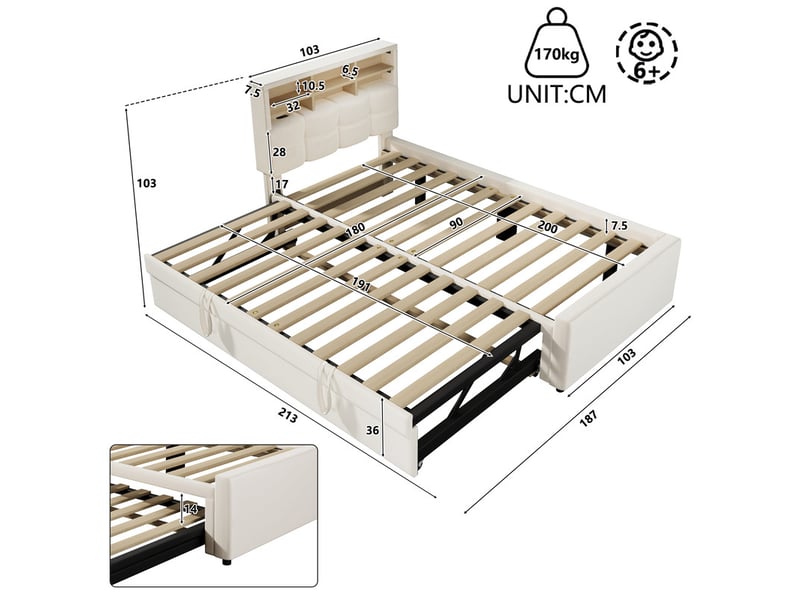 Lit pour enfant 90 x 200 cm – avec lit gigogne – avec port usb-c – velours – beige (matelas non inclus)  - Conforama C