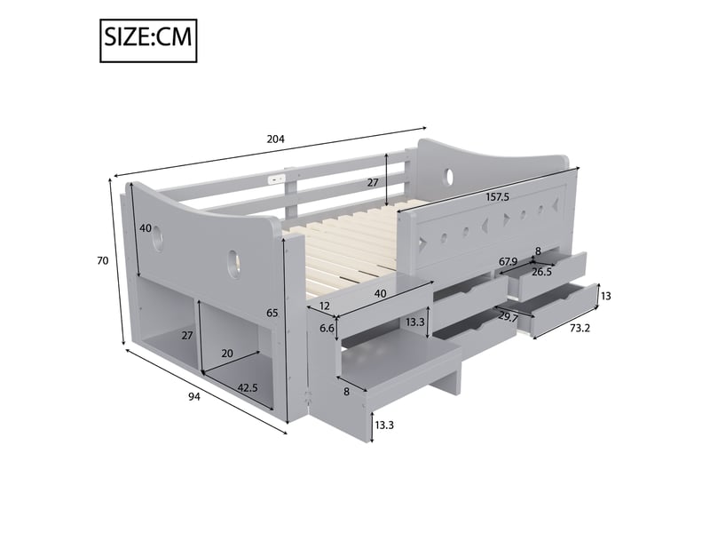 Lit enfant 90 × 200 cm avec 4 tiroirs, 2 niches, barrières de sécurité, led, prises usb et type-c, gris pour chambre - Conforama C