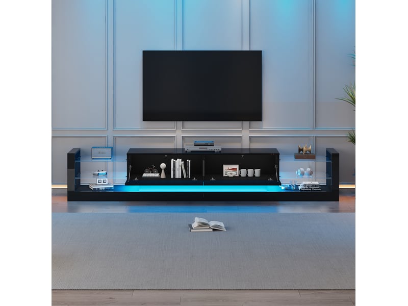  Meuble tv noir brillant avec éclairage led et façade en verre 181 x 38 x 38 cm  - Conforama D
