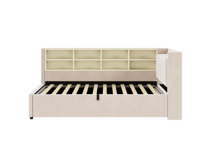  Canapé-lit 90x200, velours beige, rangement hydraulique, usb-c, veilleuse  - Conforama A