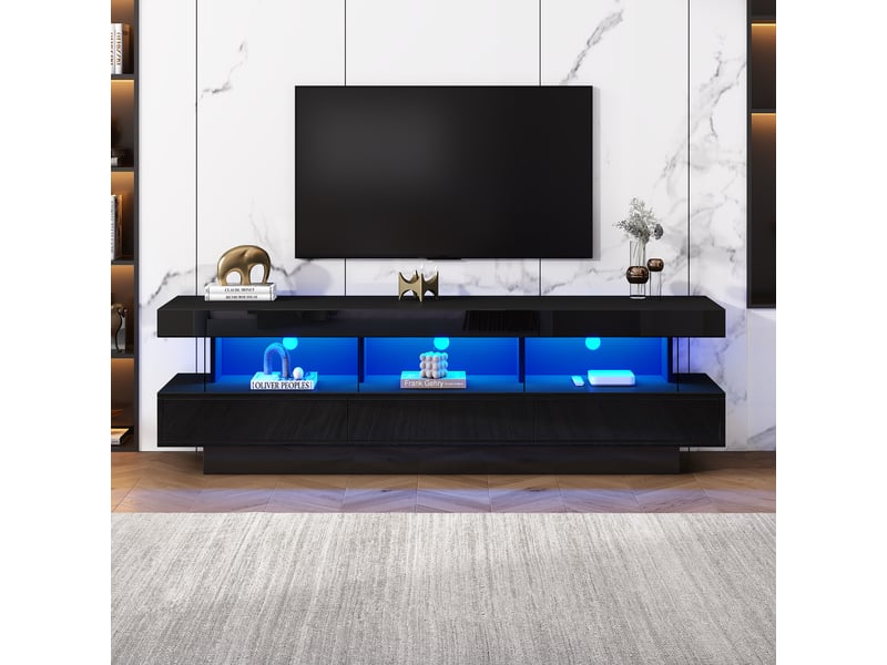  Meuble tv 160x38x50,5 cm noir laqué, 3 étagères en verre et éclairage led pilotable bluetooth par application, panneau de particules  - Conforama B