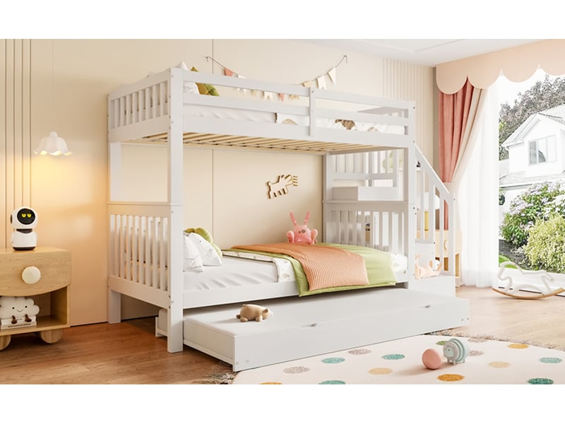  Lit superposé 90x200 cm, escalier avec rangements et lit gigogne, en bois, blanc  - Conforama D