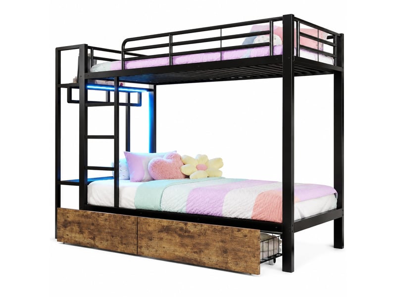  Lit superposé, lit 2 places avec 2 tiroirs, étagères, led et barre de séchage, 90x200 cm, sans matelas  - Conforama A