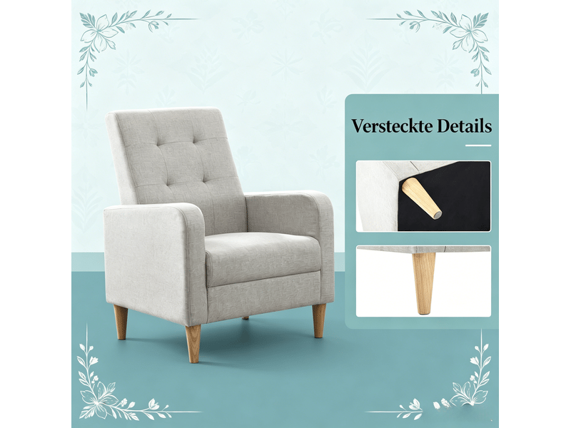 Fauteuil de chambre avec dossier haut ergonomique et accoudoirs, capitonné en lin gris clair, 51 × 48 cm - Conforama E