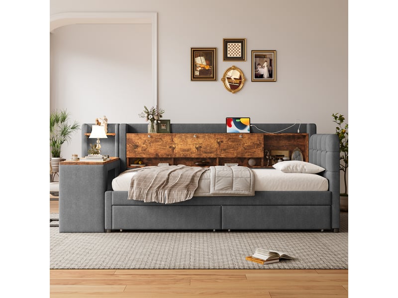  Lit avec rangement rembourré 90x200cm coloris gris lin lit enfant gris - Conforama D
