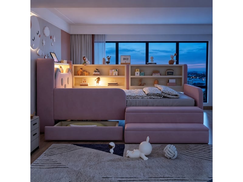  Lit rembourré enfant 90 x 200 cm – tête de lit avec rangement – ​​inclut 1 tiroir – inclut un pied de lit – inclut éclairage led et port usb – rose (matelas non inclus)  - Conforama R
