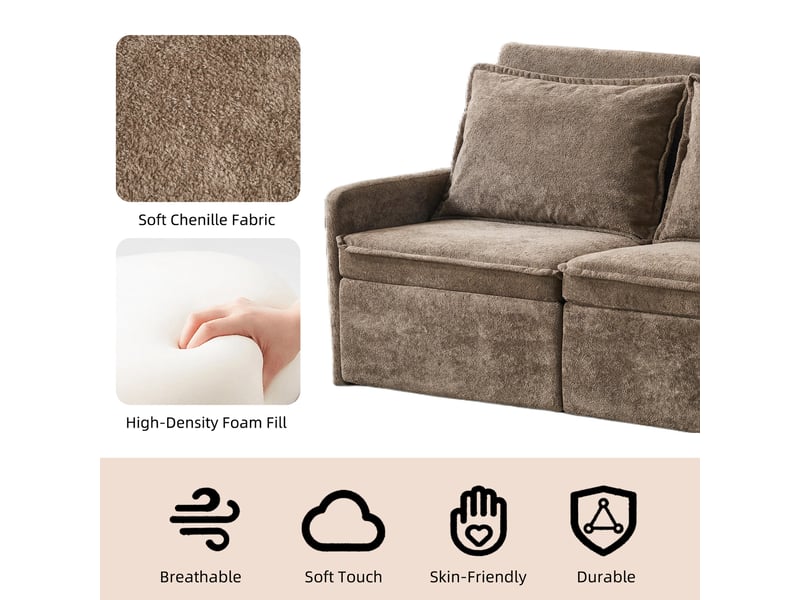  Canapé convertible 3-en-1 à dossier réglable 5 positions et ports usb  - poches latérales, chenille marron  - Conforama E