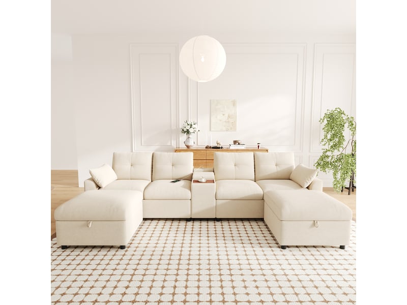  Canapé d'angle, canapé modulable, 6 places, en chenille, beige, porte-gobelets, pour salon et séjour, usb  - Conforama D