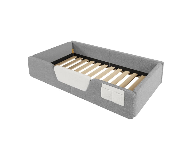  Lit rembourré, 90 x 190 cm, barrières de sécurité amovibles, poche de rangement intégrée en tissu, velours unique, gris  - Conforama A