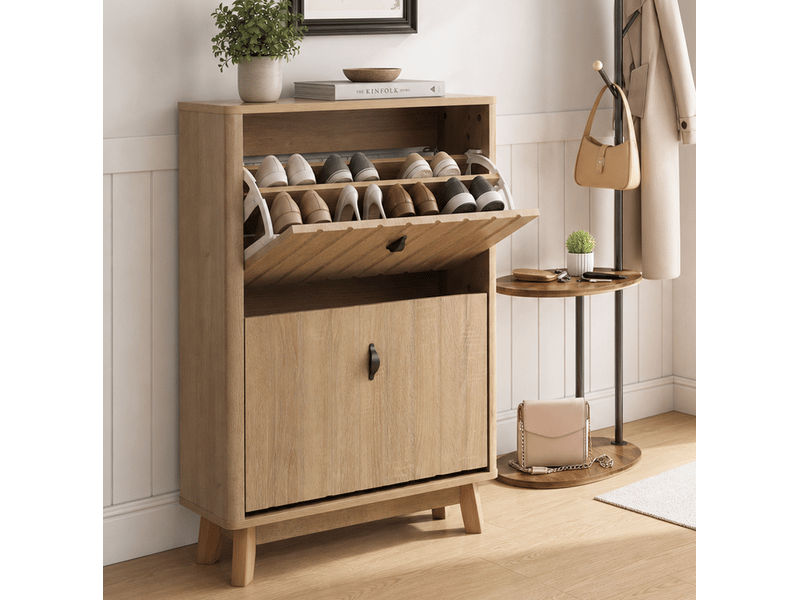  Meuble à chaussures 60x24x94 cm, capacité 16 paires, structure compacte avec portes doubles et tiroir caché, idéal pour petits espaces d'entrée et couloir  - Conforama B
