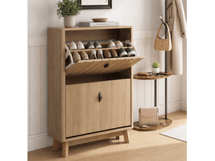 Meuble à chaussures 60x24x94 cm, capacité 16 paires, structure compacte avec portes doubles et tiroir caché, idéal pour petits espaces d'entrée et couloir