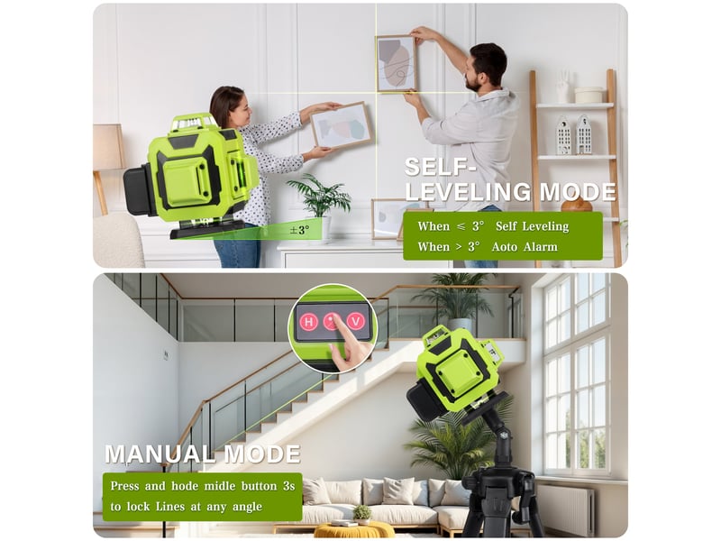  Niveau laser 4 x 360°, avec 16 lignes laser vertes 4d horizontales et verticales, 2 piles 2400 mah, télécommande  - Conforama E