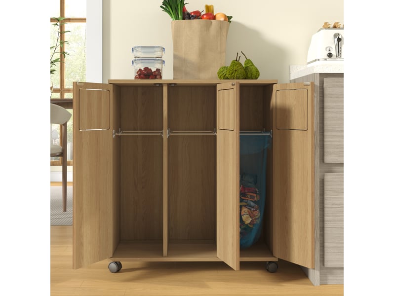  Armoire de tri des déchets modenvie 3 compartiments sur roulettes aspect chêne mdf naturel 69,3 x 35 x 80,3 cm  - Conforama B