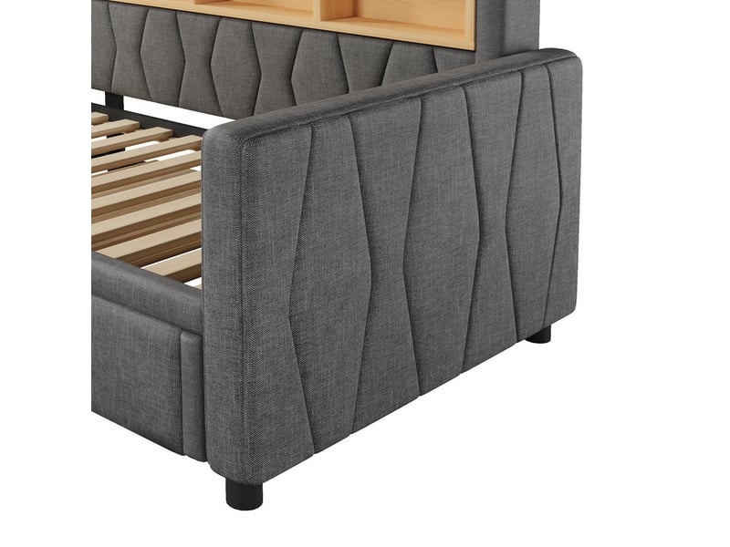  Lit gigogne multifonction, 90 × 200 cm, avec bande lumineuse led et prise électrique, revêtement en lin, gris  - Conforama E