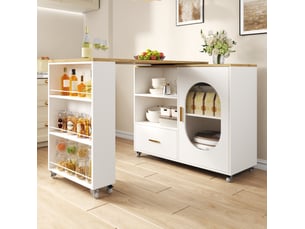 Îlot de cuisine 120x60x90 cm extensible avec 1 porte et 1 tiroir en plateau pivotant et mdf couleur naturel et blanc