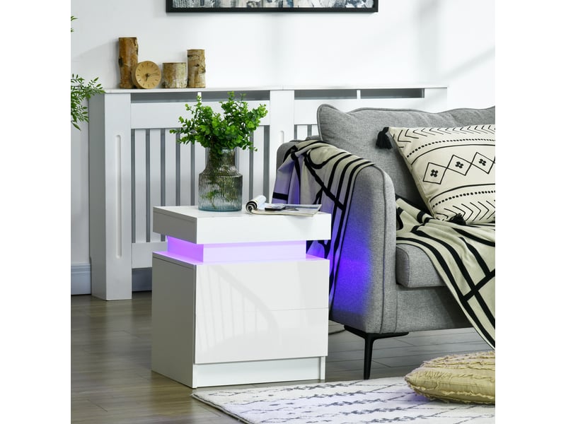 Table de chevet blanche avec éclairage led, façade laquée brillante, 2 tiroirs et télécommande, 45 x 35 x 52 cm  - Conforama D