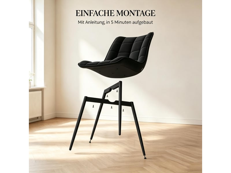  Chaise de salle à manger lot de 2 avec assise ergonomique et patins antidérapants en métal et velours noir  - Conforama E