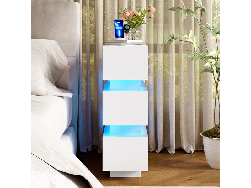  Lot de 2 tables de nuit 40x20x59,5 cm blanches en panneaux de particules, 3 tiroirs avec led et charge usb  - Conforama B