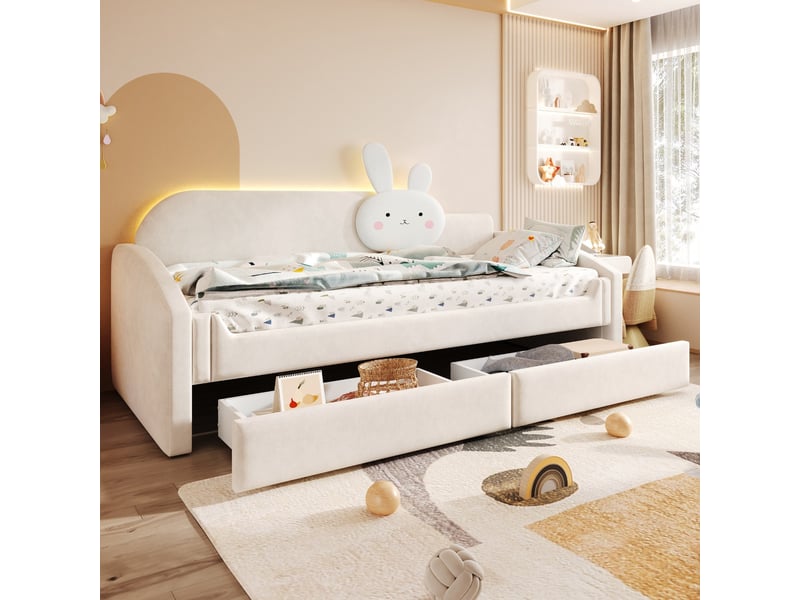 Lit enfant rembourré 90×200cm canapé lit lit capitonné en velours avec led dossier lapin 2 tiroirs, beige - Conforama B