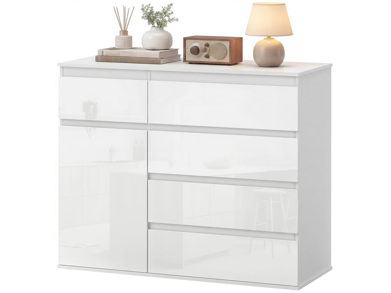  Buffet de salon à 5 tiroirs, étagères réglables, portes à fermeture amortie, 100 x 40 x 80 cm, blanc brillant  - Conforama B