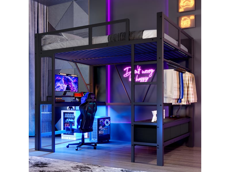 Lit mezzanine 140x200 cm noir, avec bureau, 3 tiroirs, penderie, led, usb, structure métal, sommier inclus, sans matelas - Conforama R