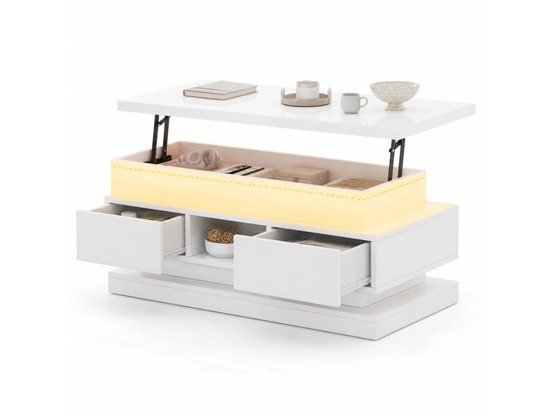  Table basse relevable 100x50x40 cm blanche avec led, 2 tiroirs et rangement  - Conforama A