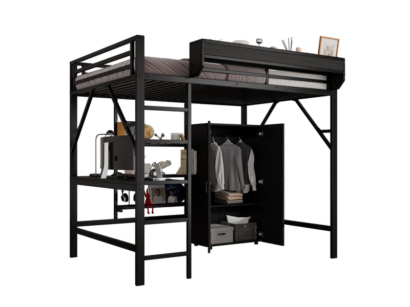  Lit mezzanine 140x200 cm avec bureau, rangements, armoire et échelle pour enfant, métal et mdf noir  - Conforama A