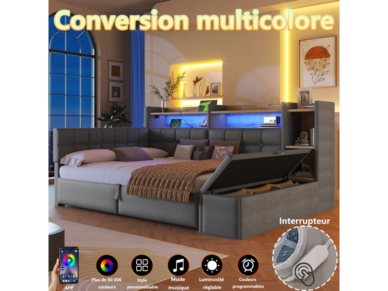  Lit coffre hydraulique 140x200 cm avec led multicolore, usb et usb-c et banc coffre, velours gris foncé, sans matelas  - Conforama E