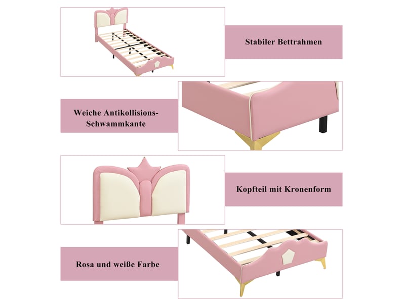  Lit enfant rembourré 90x200 cm, cadre de lit adulte avec tête de lit couronnée, lit 2 personnes, structure de lit, rose + blanc  - Conforama R
