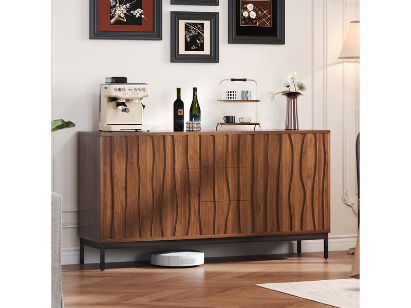 Buffet 150 cm chêne foncé, meuble de rangement 3 tiroirs, design à lattes, pour cuisine et salon - Conforama D