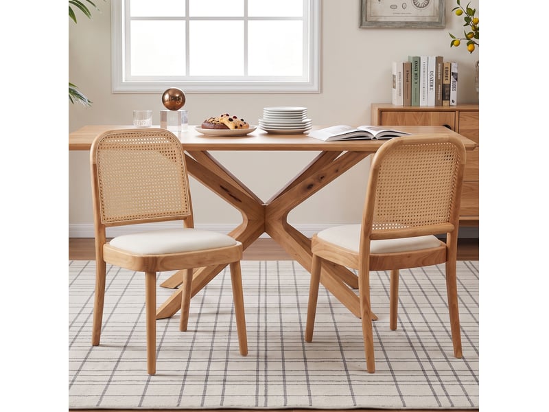  Lot de 2 chaises de salle à manger avec dossier en rotin et assise rembourrée en lin, bois couleur bois  - Conforama B