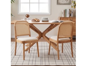 Lot de 2 chaises de salle à manger avec dossier en rotin et assise rembourrée en lin, bois couleur bois
