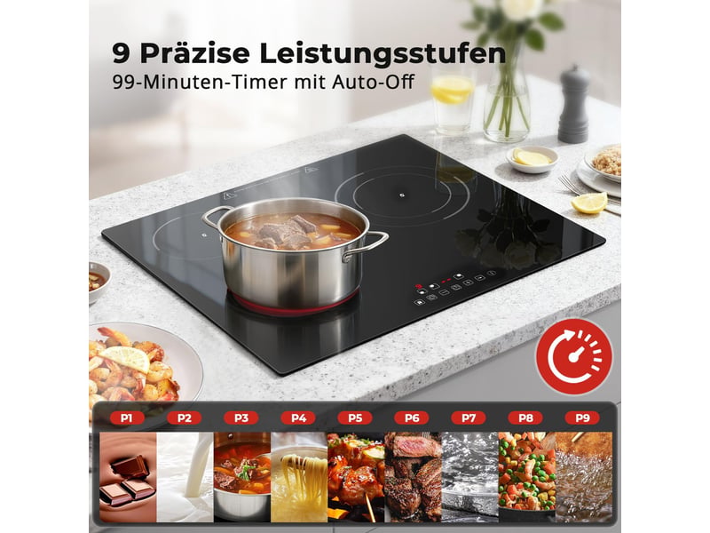 Plaque de cuisson vitrocéramique 3 foyers, 60 cm, 5200 w, commande tactile, 9 niveaux, minuteur et sécurité enfant - Conforama D