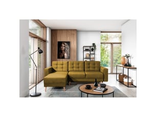 Canapé d'angle convertible hasgard 3 places jaune 248x162 cm – coffre et pieds bois