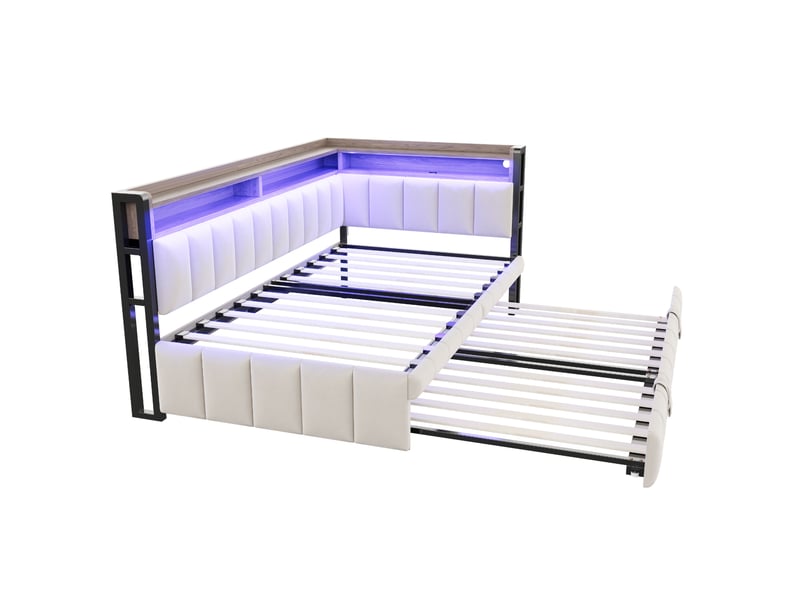  Lit banquette 90x200 cm avec lit gigogne, led, usb et usb-c en velours beige, sans matelas  - Conforama D
