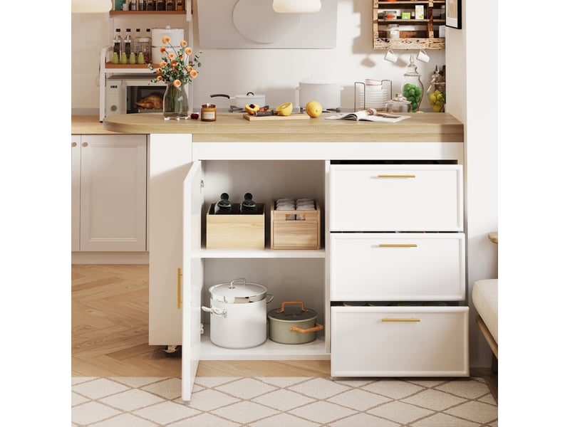  Table de bar pivotante à 360° extensible 128-203 cm avec rangements, blanche  - Conforama E