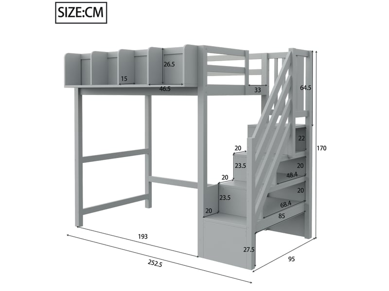 Lit mezzanine 90 x 200 cm avec led, rangements et échelle, gris, en bois - Conforama C