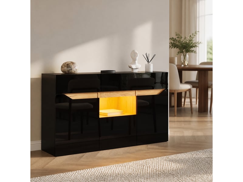  Buffet de salon noir et bois naturel avec led, 4 tiroirs et 2 placards - 140 x 40 x 70 cm  - Conforama D