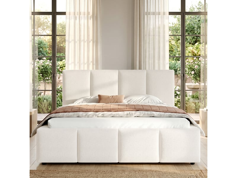 Lit double rembourré 160 x 200 cm avec sommier à lattes et tête de lit rembourrée, tissu bouclé beige Fay Lum - Conforama B