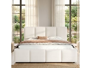 Lit double rembourré 160 x 200 cm avec sommier à lattes et tête de lit rembourrée, tissu bouclé beige