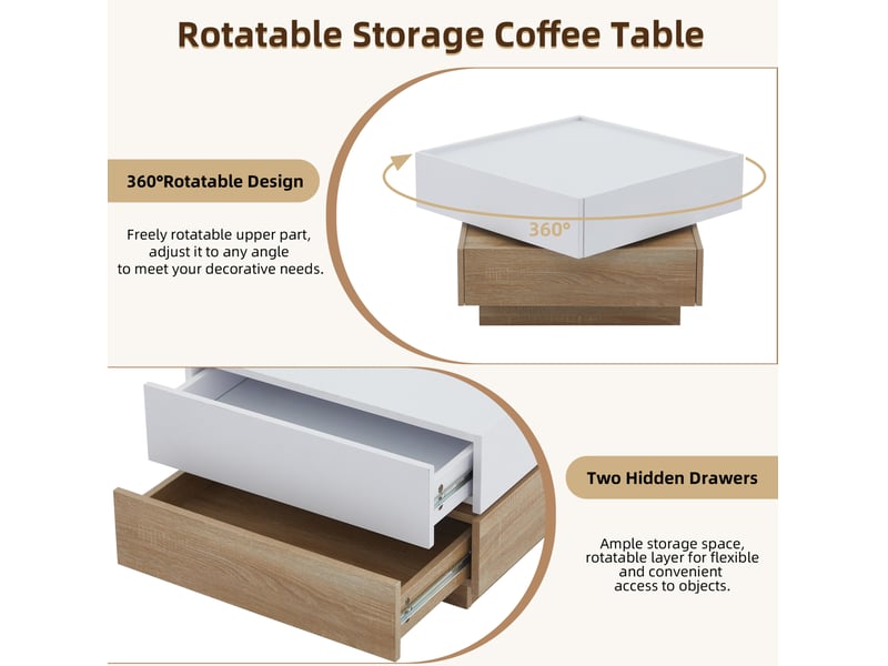  Table basse pivotante avec 2 tiroirs et plateau 360°, structure à 2 niveaux, pour salon, 60 × 60 × 38 cm  - Conforama E