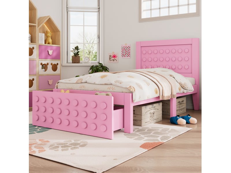  Modenvie lit enfant 90x200 cm - avec tiroir de rangement, sommier inclus, sans matelas - rose  - Conforama D