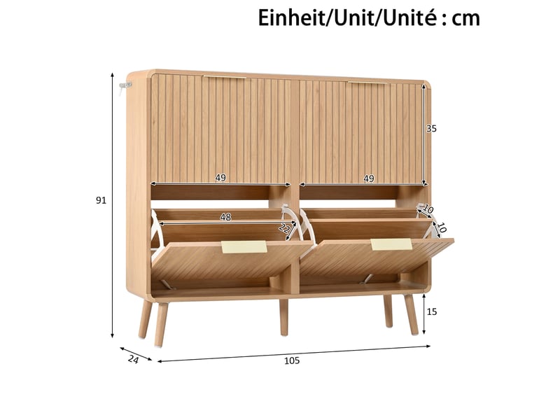  Meuble à chaussures 105x24x90 cm, 4 abattants et capacité 18 à 24 paires, rangement pratique pour entrée et couloir - bois clair  - Conforama C