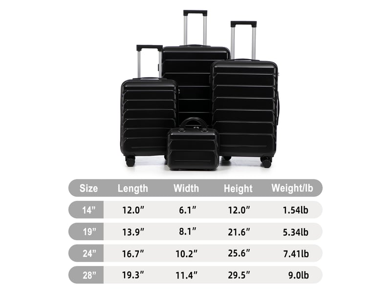  Set de 4 valises rigides,14192428 pouces,avec serrure à code,abs,noir  - Conforama C
