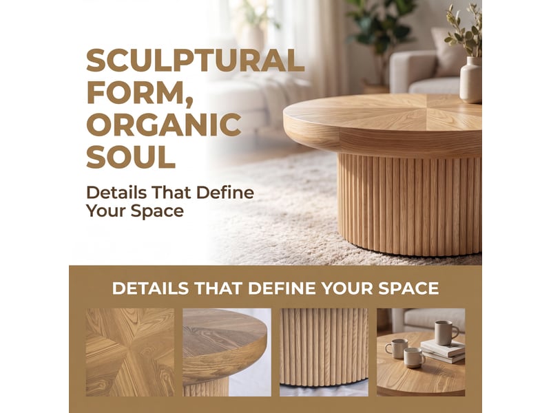 Table basse ronde 78x78x38,5 cm - plateau épais motif parquet en bois véritable - base cylindrique cannelée - bois et mdf - naturel CozyNest - Conforama W