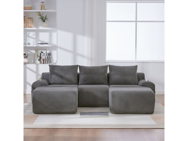  Canapé modulaire 3 places 268x174x80 cm, velours côtelé gris foncé, agréable, poche latérale, porte-gobelet  - Conforama E