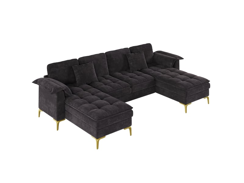 Canapé panoramique en u 4 places modulaire avec 2 méridiennes, coussins et pieds métalliques dorés en chenille noir - Conforama A