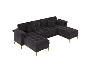 Canapé panoramique en u 4 places modulaire avec 2 méridiennes, coussins et pieds métalliques dorés en chenille noir